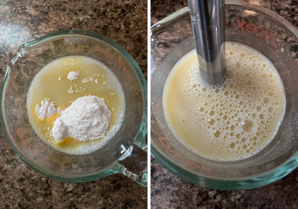 two photos; one shows oat milk and vanilla pudding mix in a glass measuring cup; the other shows an immersion blender blending them.