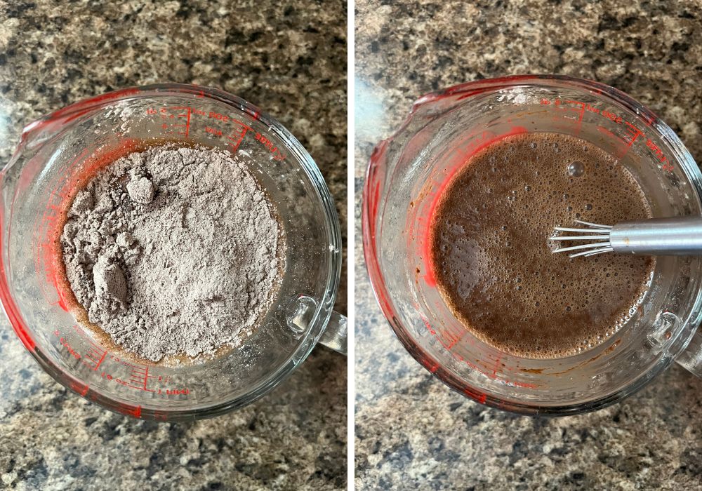 two photos; one shows chocolate pudding mix combined with oat milk in a glass measuring up; the other shows those ingredients whisked together.