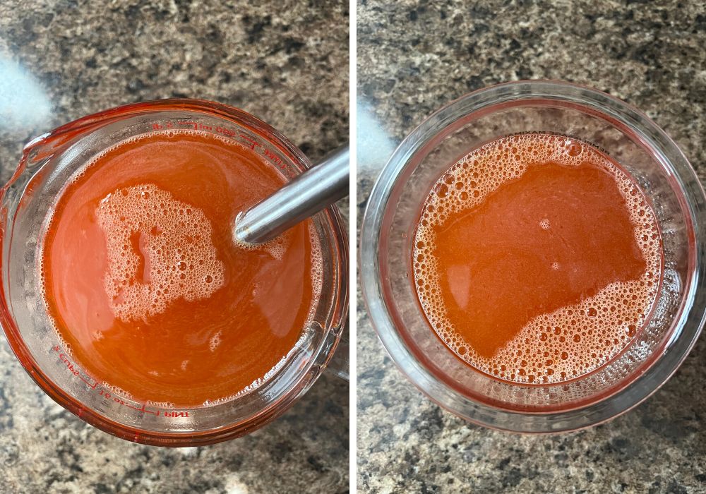 two photos; one shows apple juice and orange gelatin mixed in a glass measuring cup with a whisk. The other shows the mixture in a Ninja Creami pint container.