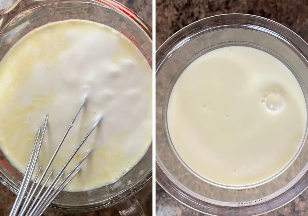 two photos; one shows heavy cream added to lemon pudding milk mixture; the other shows the base poured into a ninja creami pint container.