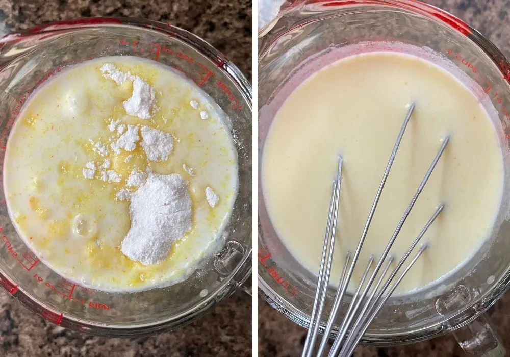 two photos; one shows lemon pudding mix added to milk; the other shows the ingredients whisked together.