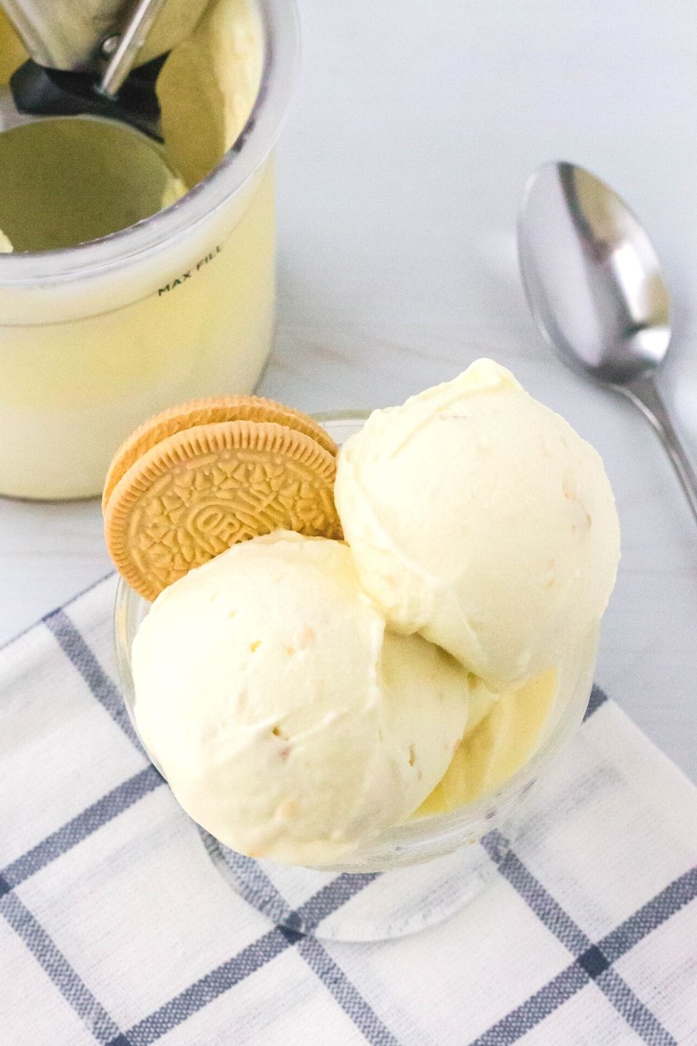 a glass dessert cup serves scoops of Ninja Creami lemon cookie ice cream. The pint of ice cream and a spoon are in the background.