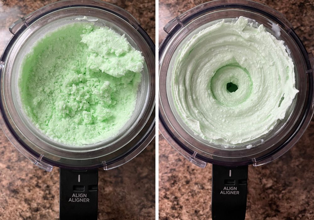 two photos; one shows a crumbly textured lime sherbet after the initial spin in the Ninja Creami, the other shows a creamy textured lime sherbet after Re-spinning in the Ninja Creami.