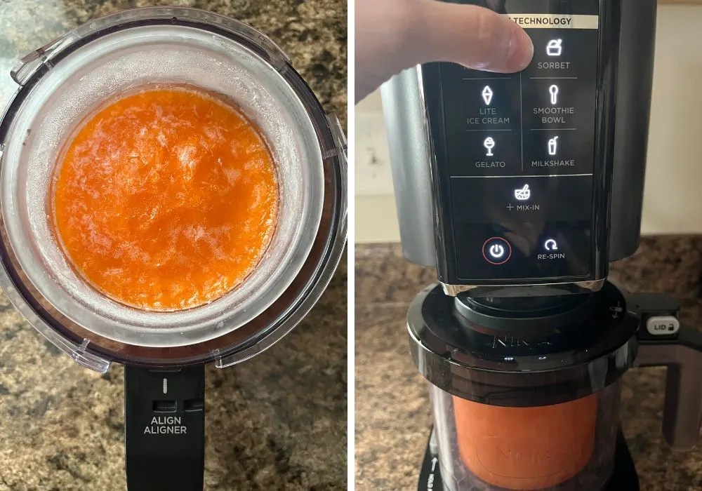 two photos; one shows frozen orange sorbet base in a ninja creami pint; the other shows the base in the machine and a woman's finger pressing the Sorbet button on the Ninja Creami.