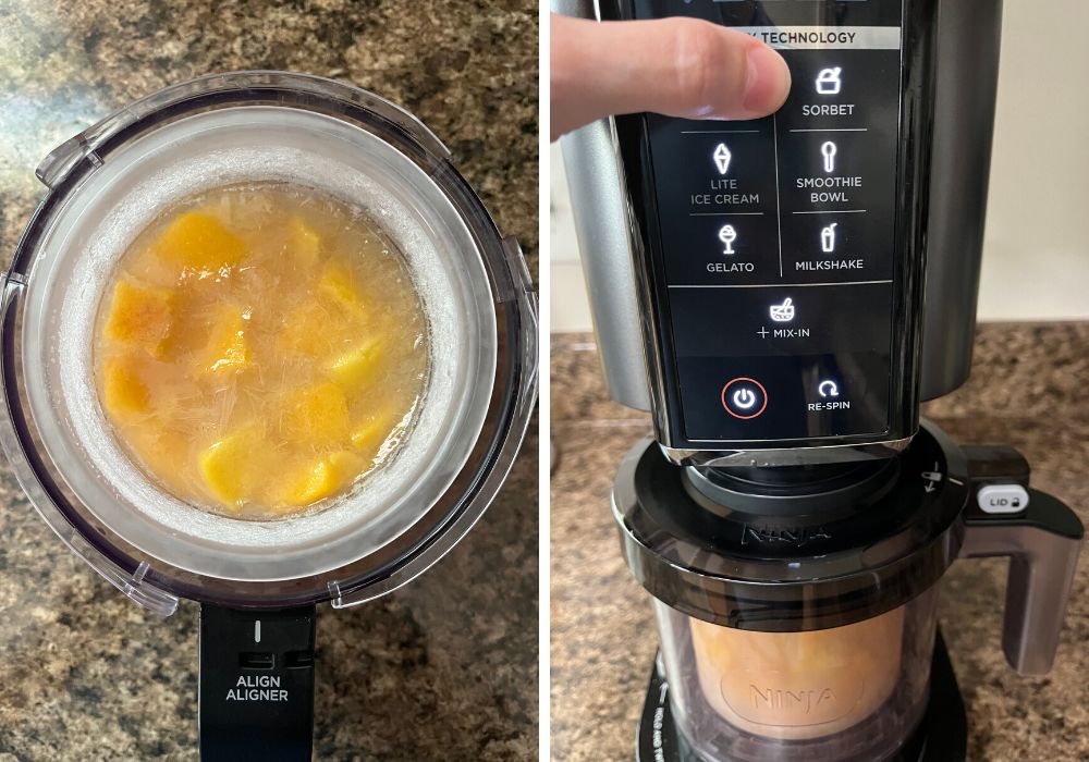 two photos; one shows frozen peaches and syrup in a Ninja Creami pint container. The other shows the frozen base added to the Ninja Creami machine, and a woman's finger points to the Sorbet button.