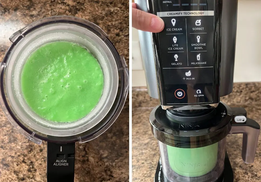 two photos; one shows the frozen sherbet base in the Ninja Creami outer bowl; the other shows the pint added to the machine and a woman's finger pointing to the Ice Cream button.
