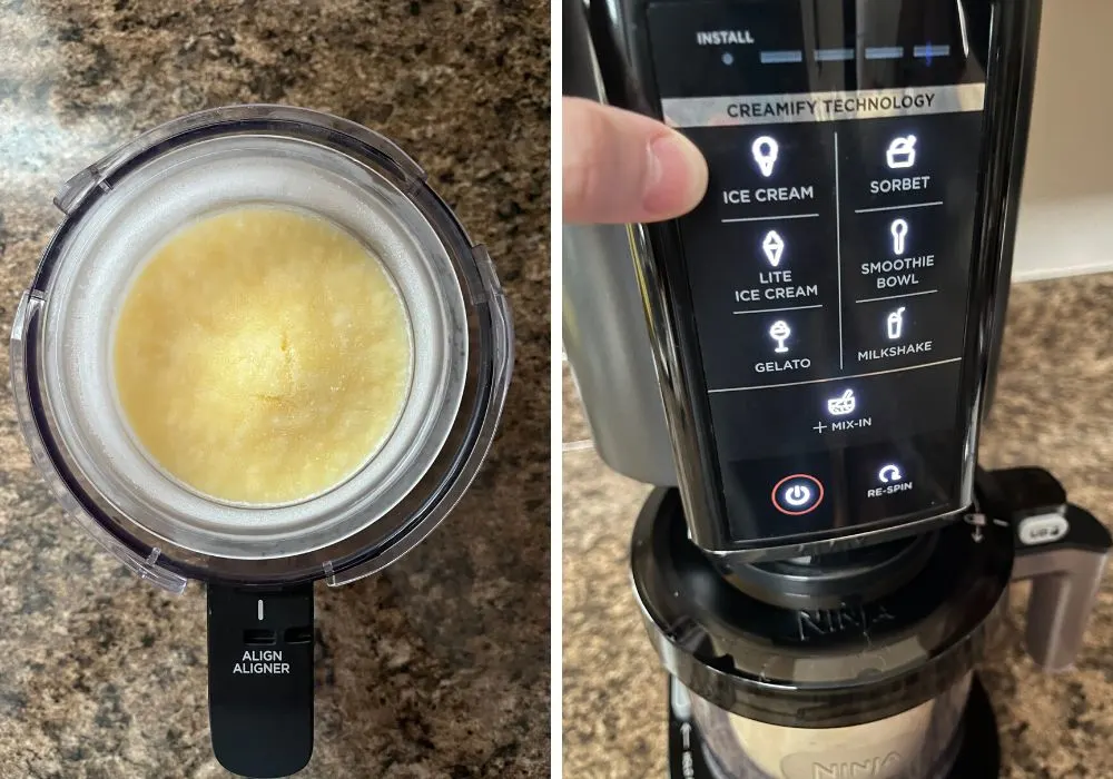 two photos; one shows a frozen pint of cottage cheese ice cream base; the other shows the base inserted into the Ninja creami machine, while a woman's finger points to the Ice Cream function.