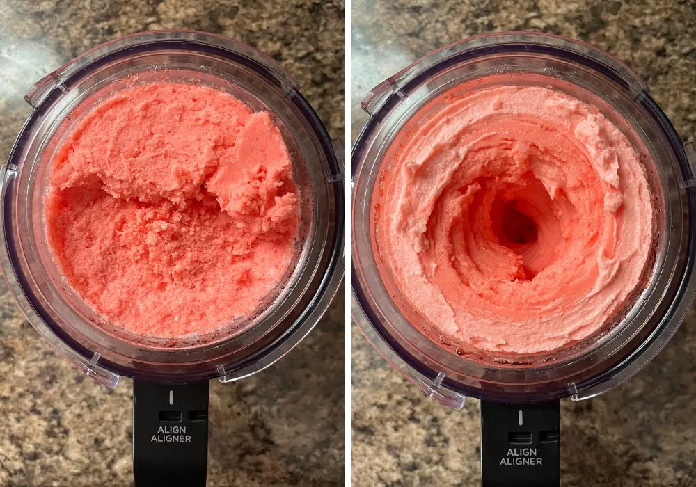 two photos; one shows crumbly-textured strawberry sorbet, the other shows creamy sorbet after the Re-spin function.