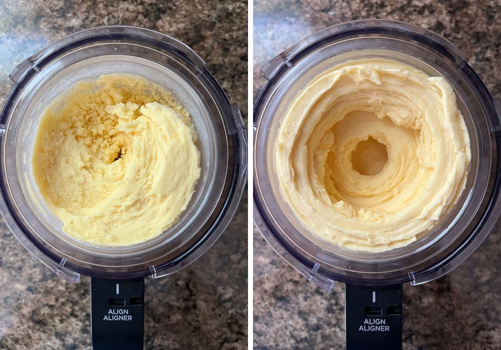 two photos; one shows crumbly peach sorbet after the first spin in the Ninja Creami, the other shows the mixture after a Re-spin, and it's creamy and smooth.