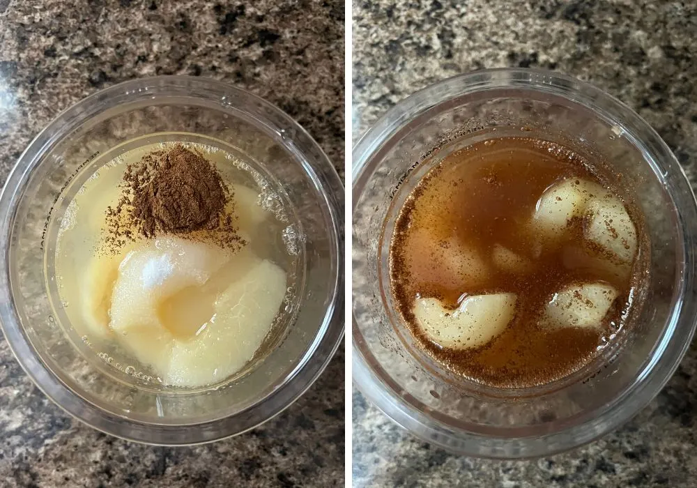two photos; one shows a Ninja Creami pint container with pear halves, juice, and pumpkin pie spice in it. The other shows the ingredients mixed together in the Ninja Creami pint.