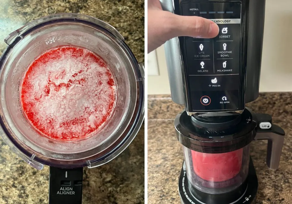 two photos; one shows a frozen pint of strawberry sorbet base, the other shows the pint in the ninja creami machine. A woman's finger points to the Sorbet button.