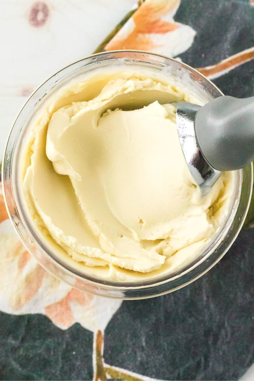 overhead view of the top of a ninja creami pint of non-dairy vanilla ice cream