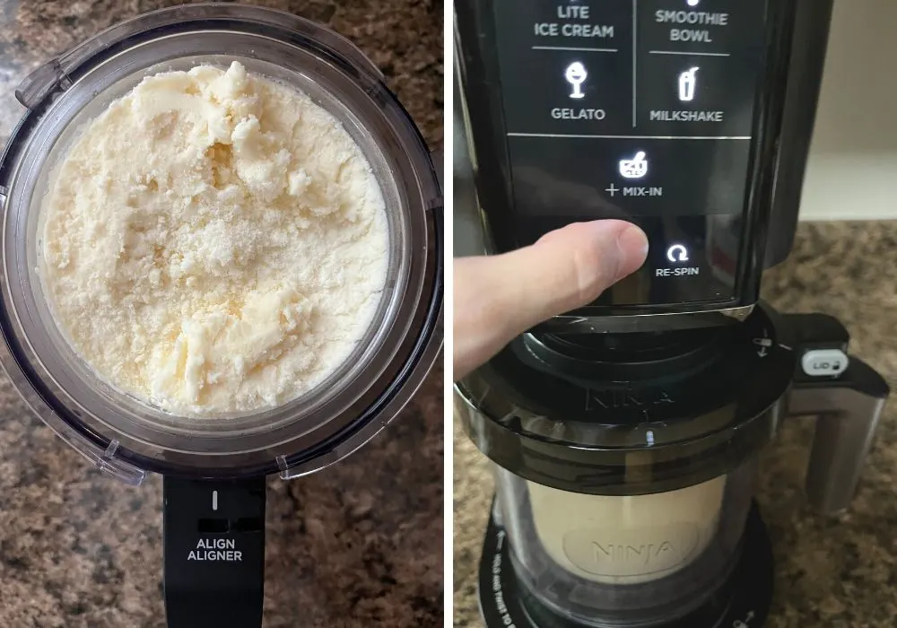 two photos; one shows a crumbly ice cream base in a ninja creami pint; the other shows a woman's finger pointing to the Re-spin function on the machine.