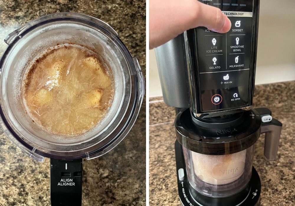 two photos; one shows a pint of frozen pears in juice, ready for processing in the Ninja Creami machine. The other shows the pint in the machine and a woman's finger pointing to the Sorbet button.