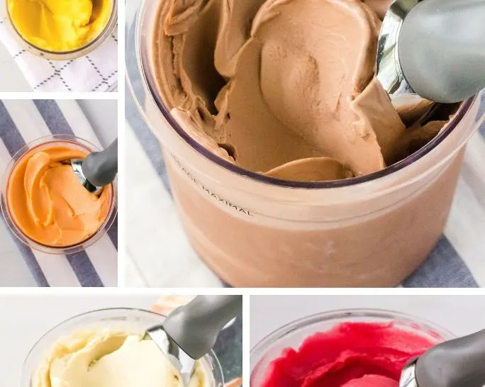collage image featuring five different dairy-free ninja creami recipes, including ice creams and sorbets.