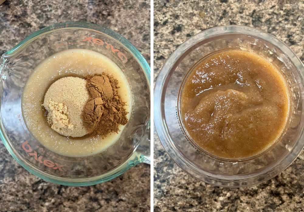 two photos; one shows applesauce, brown sugar, and cinnamon in a large glass measuring cup; the other shows the ingredients mixed and poured into a Ninja Creami pint container.