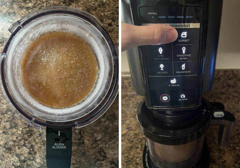 two photos; one shows frozen applesauce sorbet base in outer bowl; the other shows a finger pointing to the Sorbet function on the Ninja Creami machine
