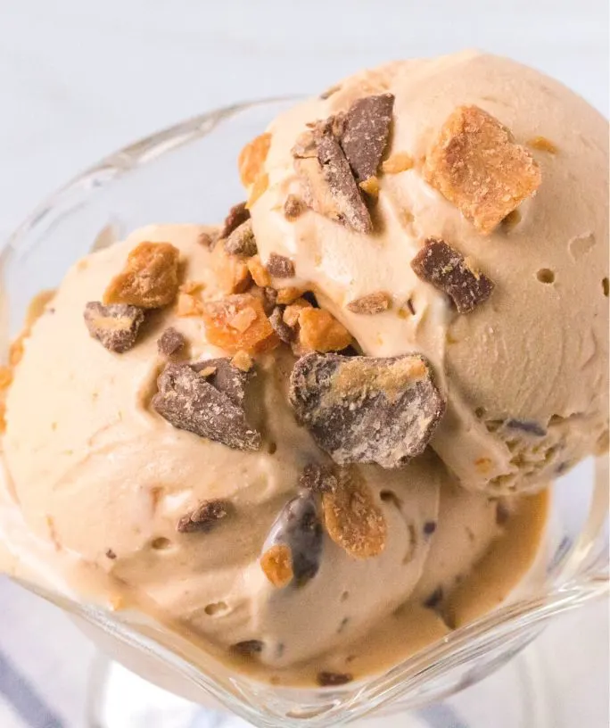 close-up view of Ninja Creami Butterfinger ice cream in a dish