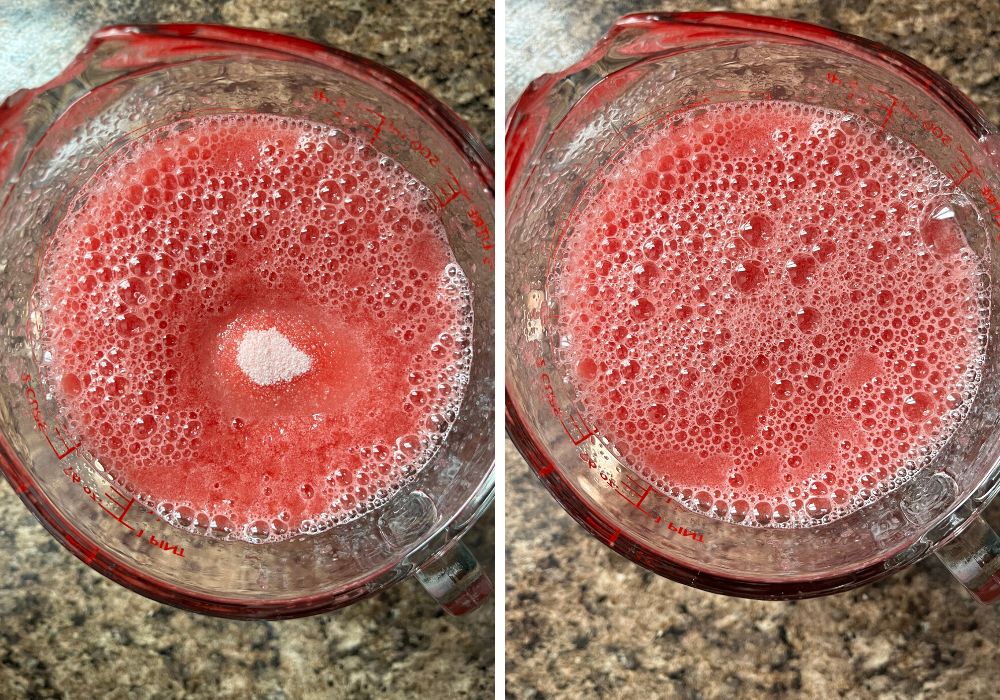 two photos; one shows watermelon puree, lemonade mix, and sugar in a measuring cup; the other shows the mixture combined.