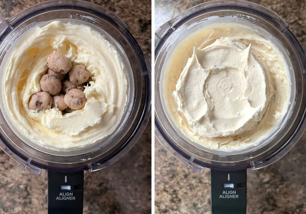 two photos; one shows frozen cookie dough bites added to the center well of the ice cream, the other shows the ice cream after the Mix-in cycle.