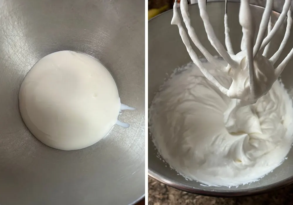 two photos; one shows cold heavy whipping cream in a mixing bowl, the other shows it whipped until stiff peaks form.