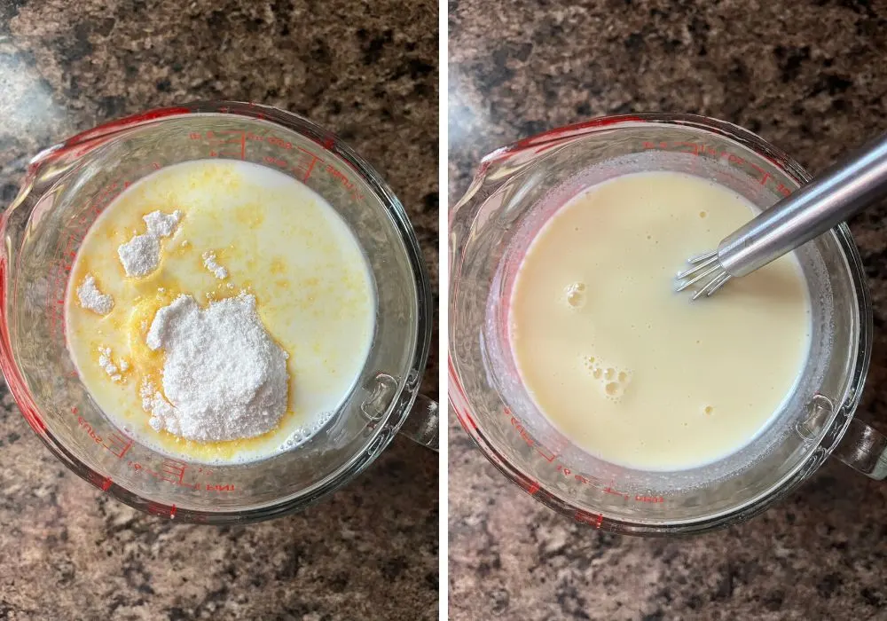 two photos; one shows pudding mix in milk, the other shows those ingredients whisked together.
