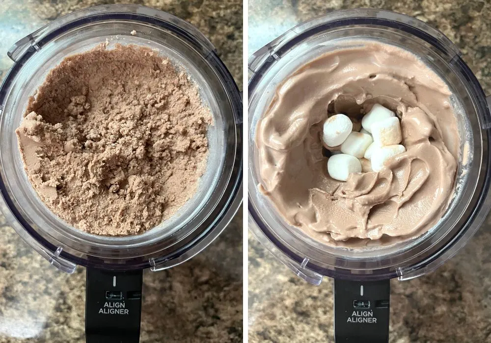 two photos; one shows crumbly ice cream, the other shows the hot chocolate ice cream after a re-spin, with marshmallows added to a center well as a mix-in.