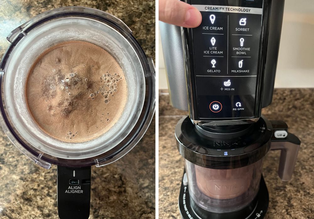 two photos; one shows frozen hot cocoa ice cream base in the outer bowl; the other shows the outer bowl in the Ninja Creami machine, with a finger pointing to the Ice Cream button.