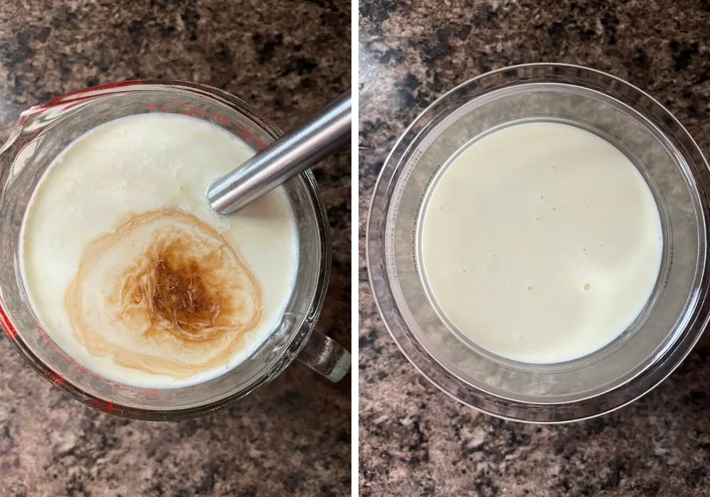 two photos; one shows vanilla extract and heavy cream added to the base, the other shows the mixture in a Ninja Creami pint container.