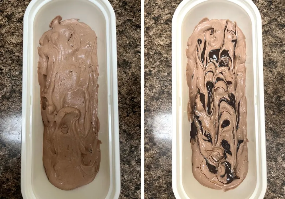 two photos; one shows half of the ice cream mixture added to a container, the other shows fudge sauce swirled into the ice cream.