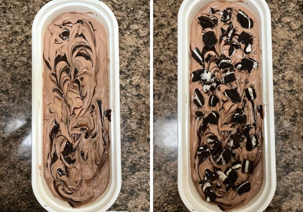 two photos; one shows remaining ice cream mixture and fudge sauce added to the container; the other shows more chopped oreos added on top.