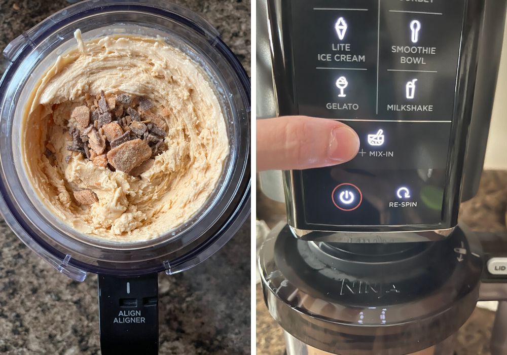 two photos; one shows butterfinger bits added to the pint of ice cream, the other shows a finger pointing to the Mix-in button.
