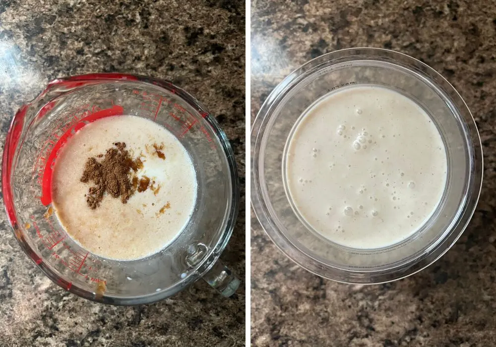 two photos; one shows bananas, milk, cinnamon, and vanilla in a large glass measuring cup; the other shows heavy cream added and the mixture poured into a ninja creami pint container.