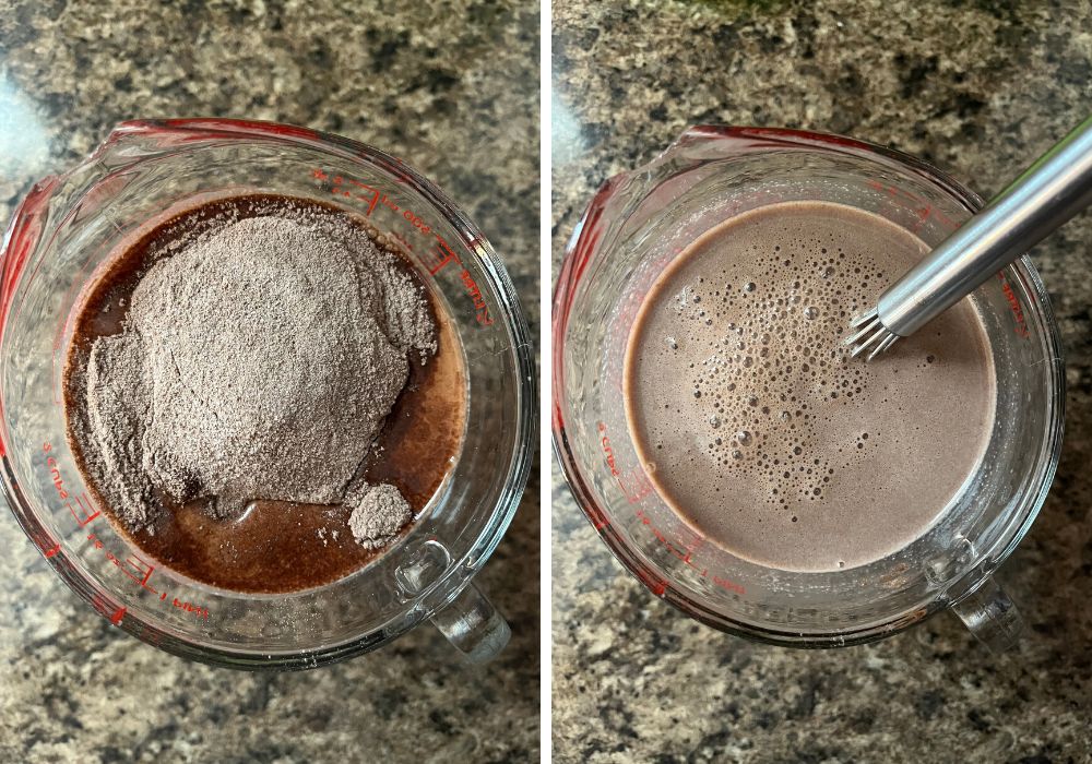 two photos; one shows hot chocolate mix added to milk in a measuring cup; the other shows the two ingredients whisked together.