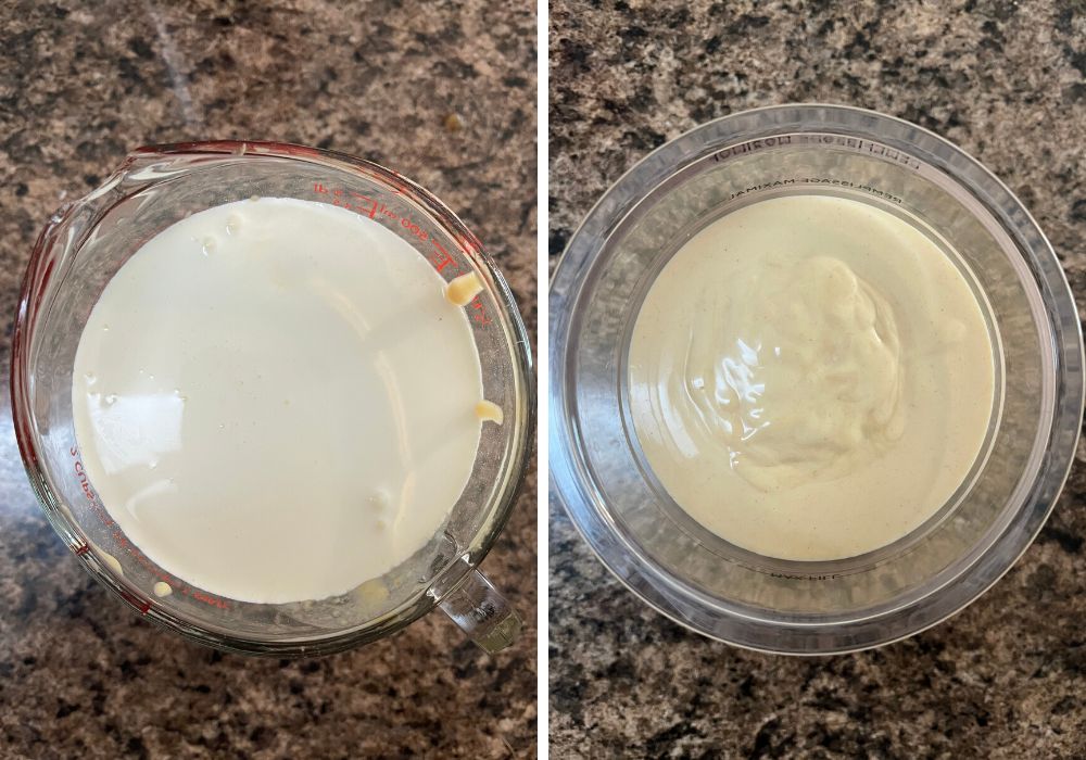 two photos; one shows heavy cream added to the peanut butter mixture, the other shows the mixture added to the Ninja Creami pint container.