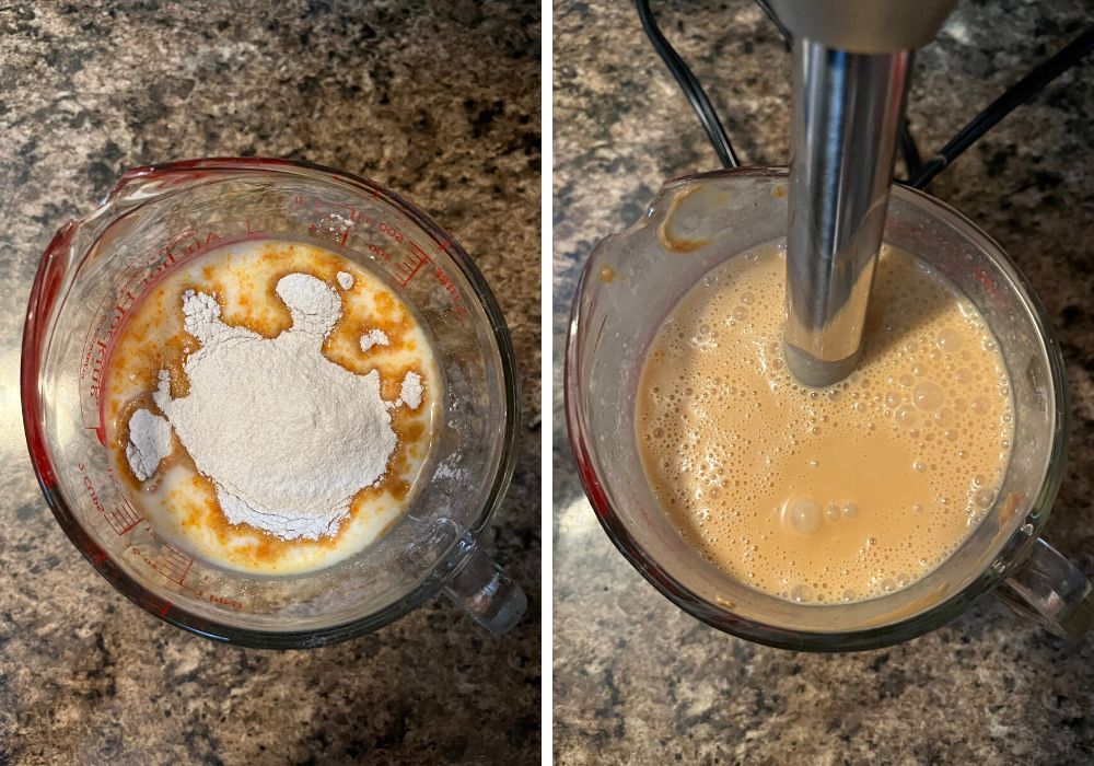 two photos; one shows pudding mix, peanut butter, and milk in a measuring cup; the other shows an immersion blender blending it together.