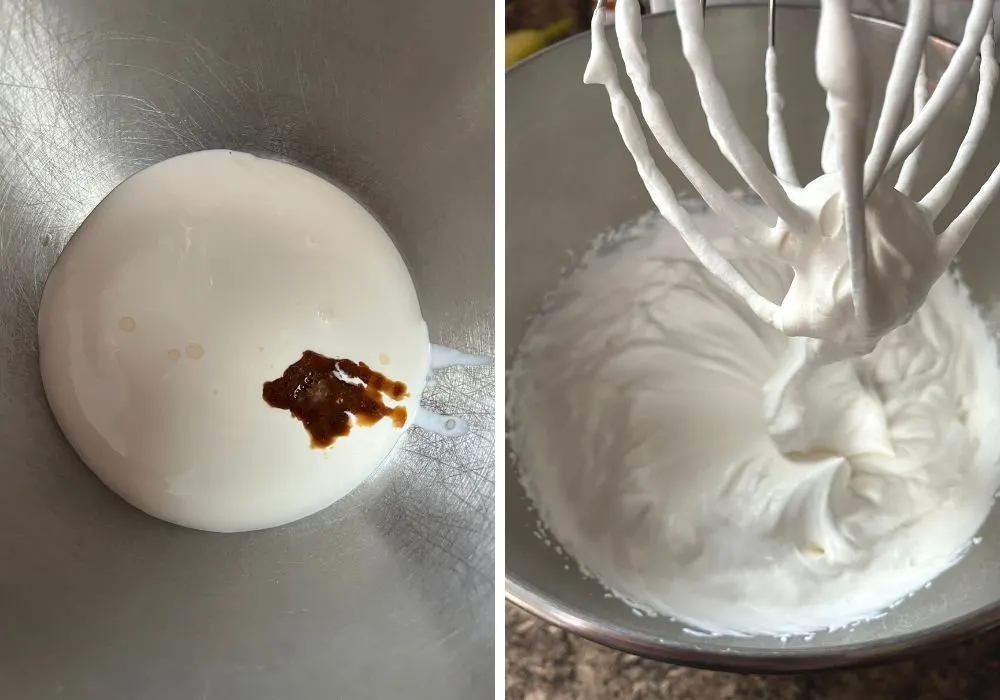 two photos; one shows heavy cream and vanilla extract in a mixing bowl; the other shows the cream whipped to stiff peaks.