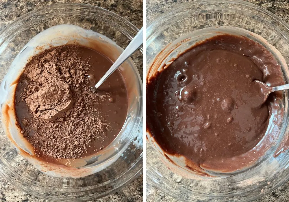 two photos; one shows cocoa powder added to melted chocolate mixture; the other shows cocoa powder stirred in completely.