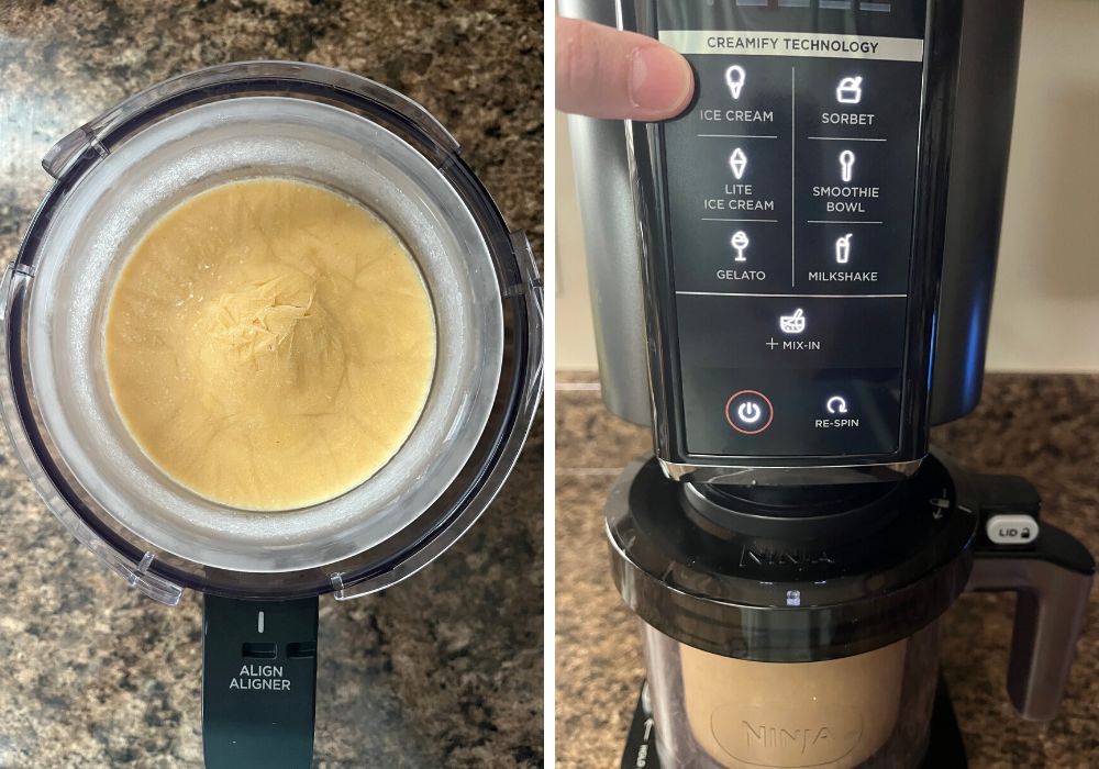 two photos; one shows frozen peanut butter ice cream base in the Ninja Creami outer bowl; the other shows the outer bowl in the Ninja Creami machine, with a woman's finger pointing to the ice cream button.