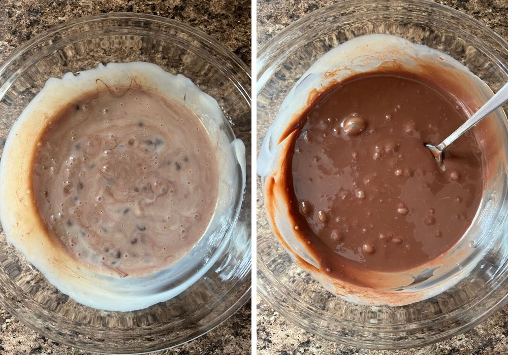 two photos; one shows chocolate chips partially melted into the sweetened condensed milk; the other shows them fully melted and combined.