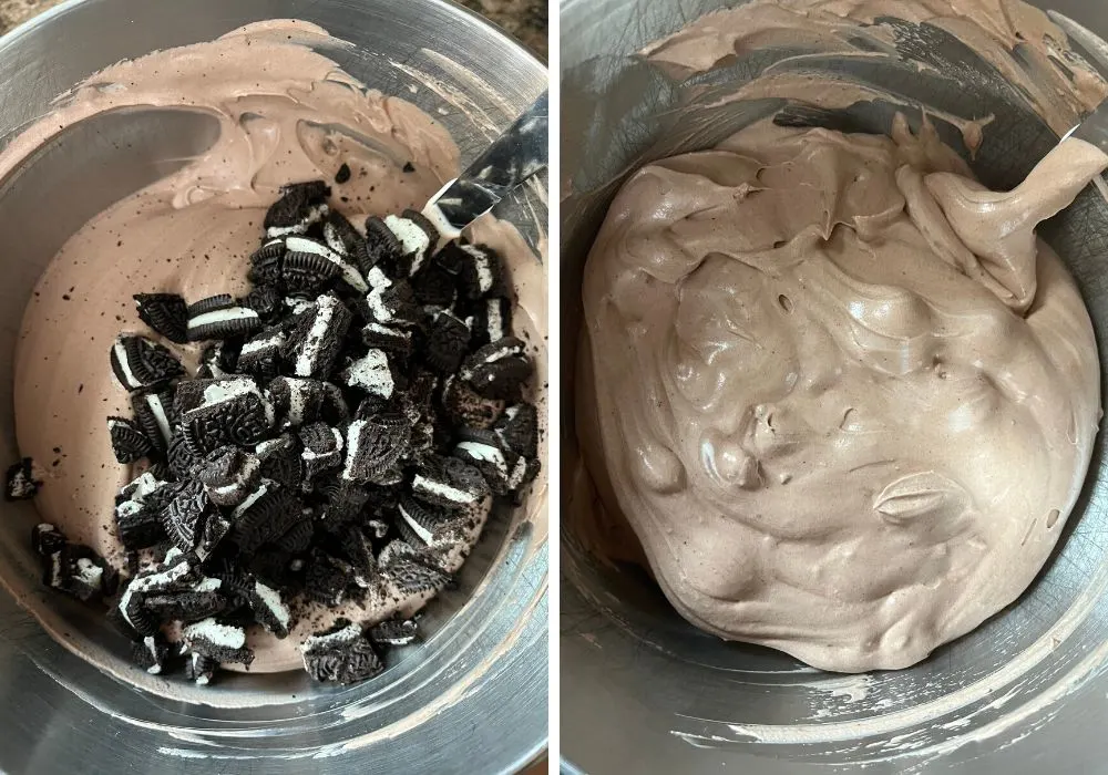 two photos; one shows chopped oreos added to cream mixture; the other shows them folded into the cream.