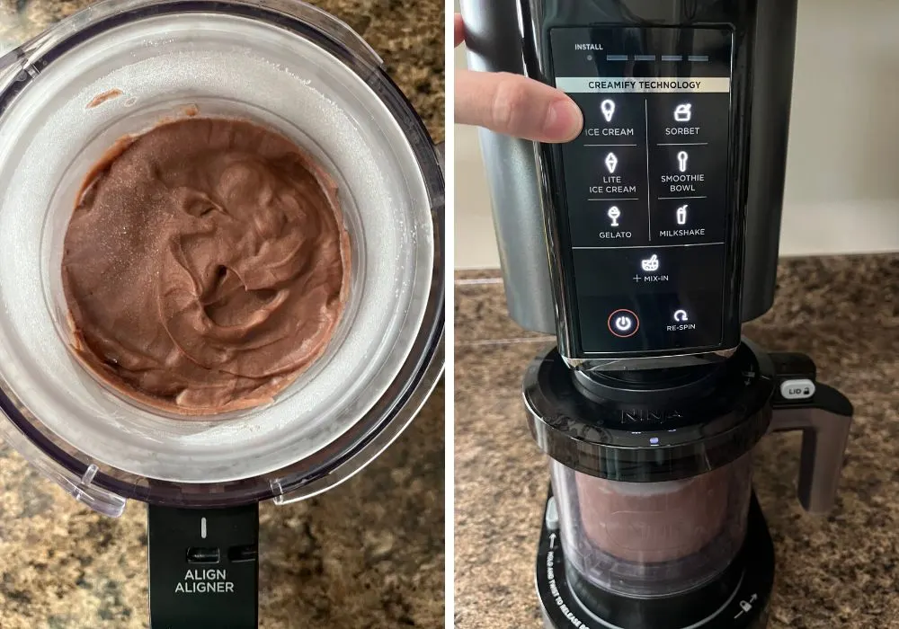 two photos; one shows the frozen yogurt base in the outer bowl, the other shows it in the Ninja Creami machine, with a finger pointing to the Ice Cream button.