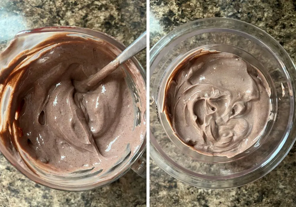 two photos; one shows the chocolate yogurt base stirred together in the measuring cup, the other shows the mixture transferred to a ninja creami pint container.