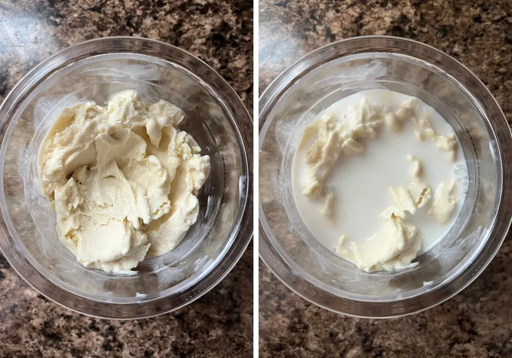 two photos; one shows vanilla ice cream in a pint container, the other shows milk added to the ice cream.
