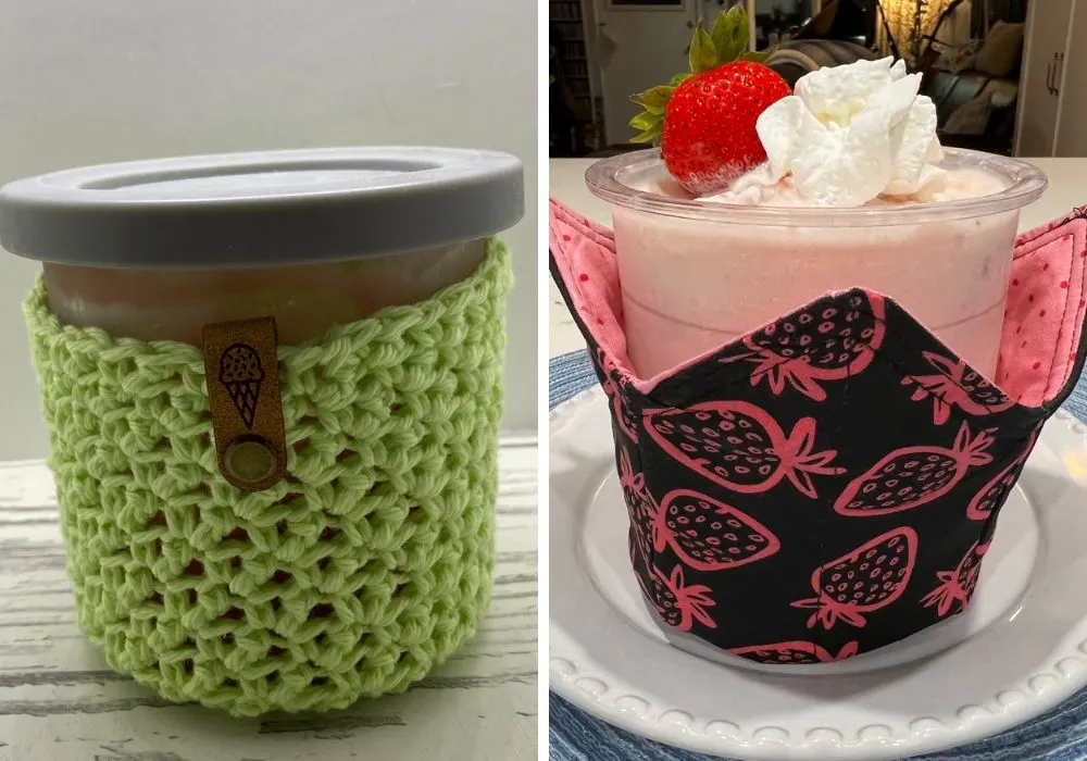 two different Ninja Creami pint cozies; one is green crochet and the other is strawberry printed fabric.