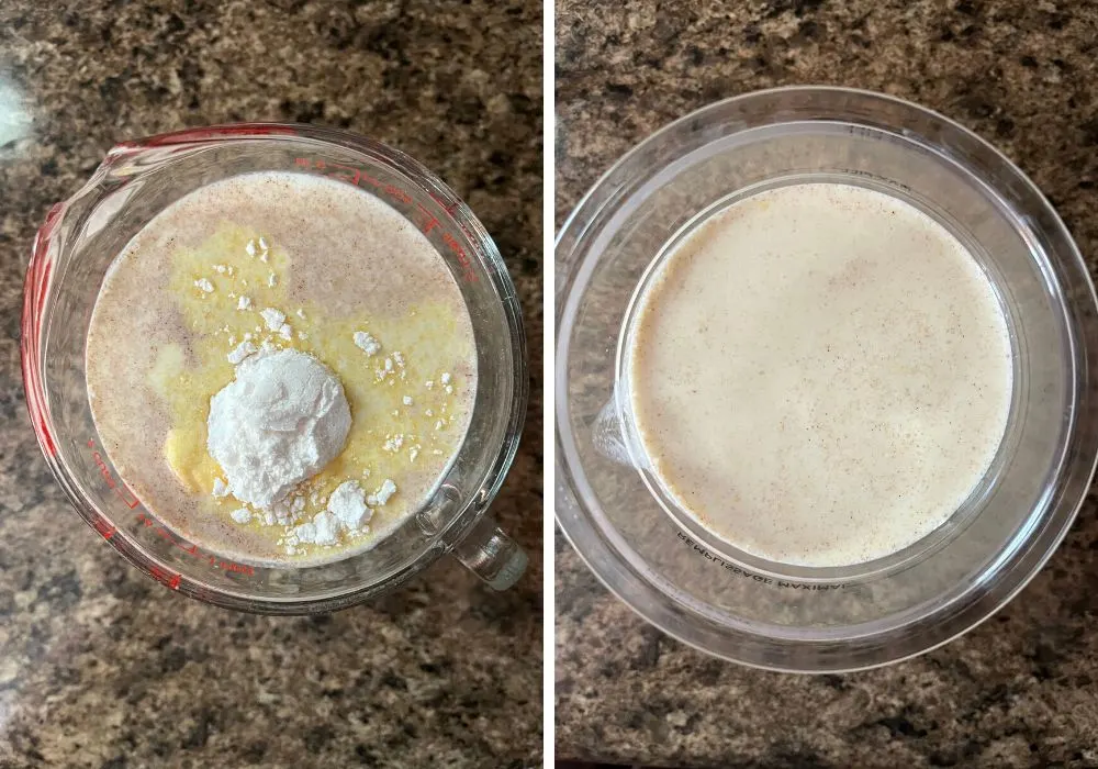 two photos; one shows pudding mix added to the cereal milk, the other shows the mixture in a ninja creami pint container.