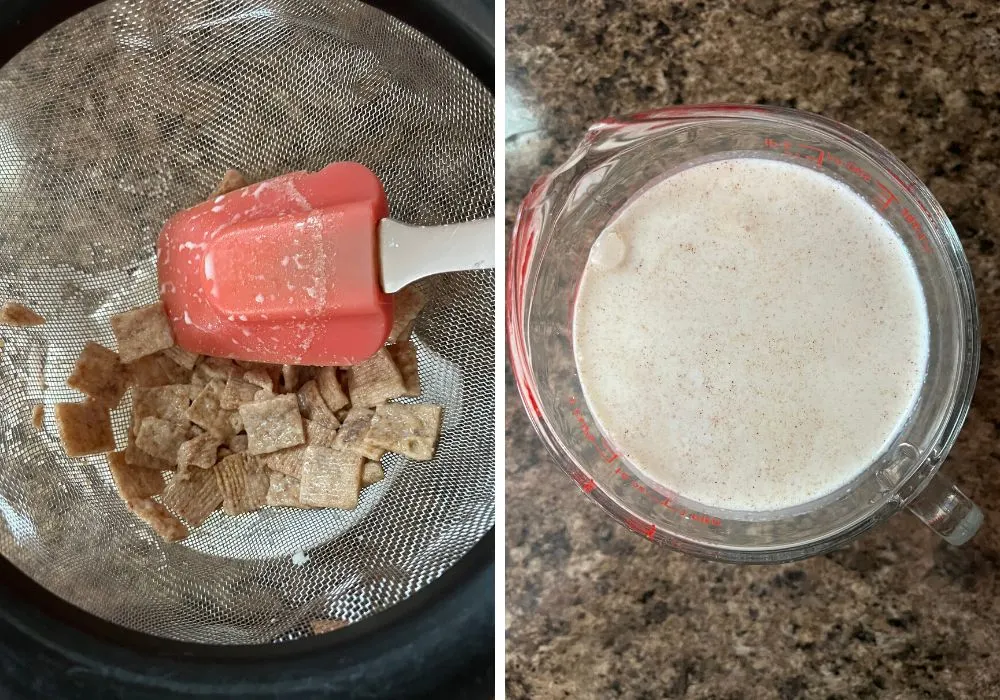 two photos; one shows a spatula pressing soggy cereal as milk drains through a fine mesh sieve. The other shows the cereal milk collected in a large liquid measuring cup.