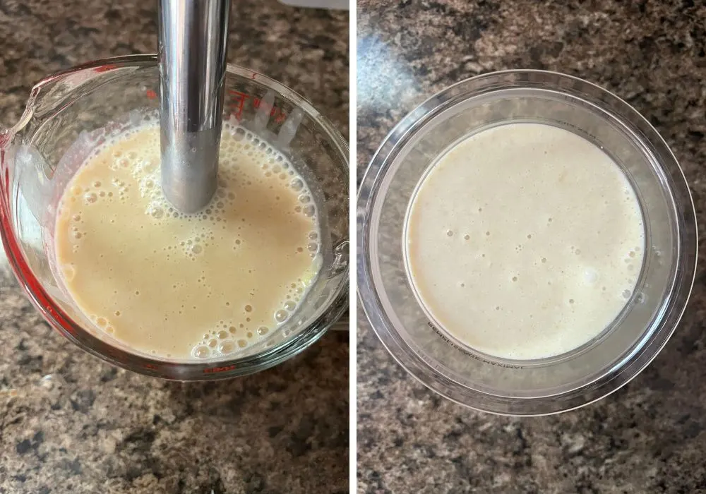 two photos; one shows immersion blender blending ingredients; the other shows heavy cream stirred into the mixture.