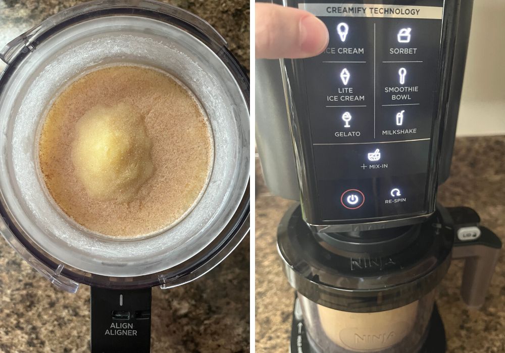 two photos ;one shows frozen ice cream base in the outer bowl, the other shows a finger pointing to the Ice Cream button on the Ninja Creami