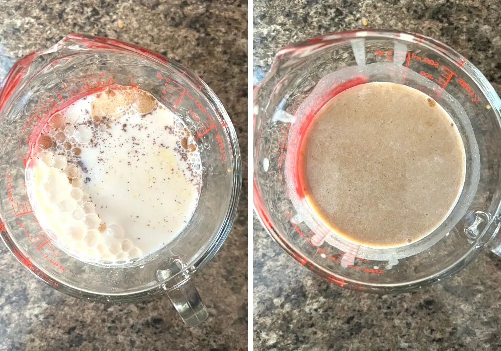 two photos; one shows brown sugar, cinnamon, pudding mix, sweet potato puree, and milk in a large measuring cup; the other shows those ingredients blended together.